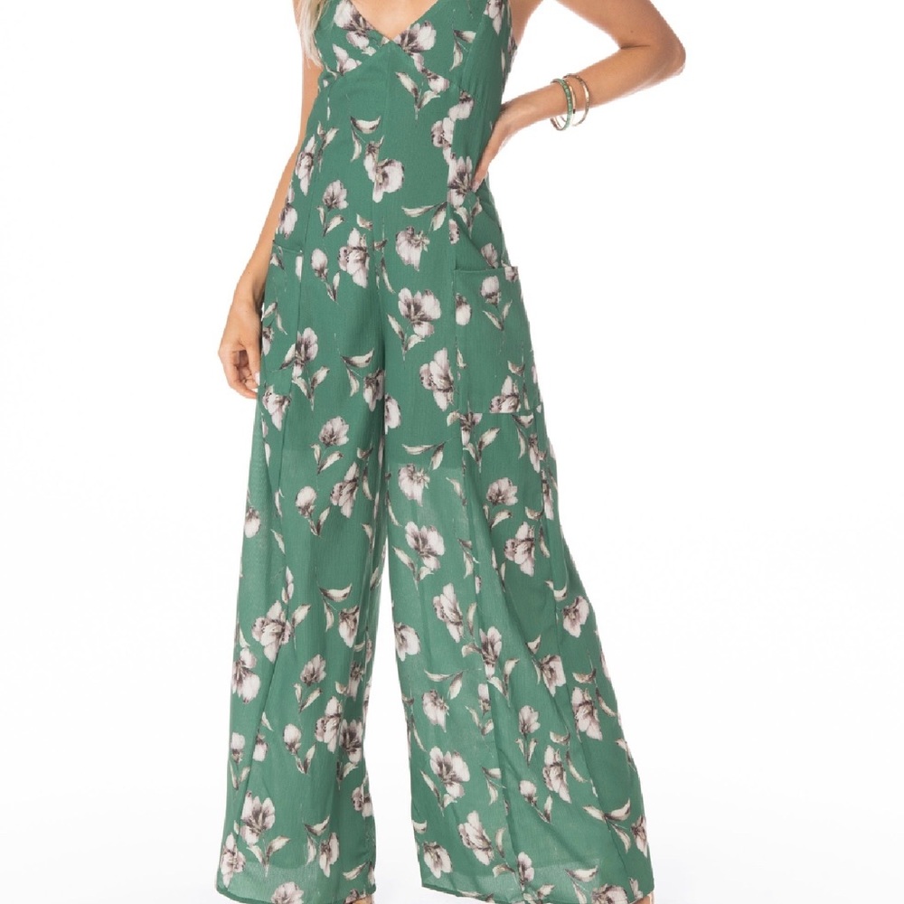 Emory Park Green Floral Wide Leg Strappy Jumpsuit Size Small